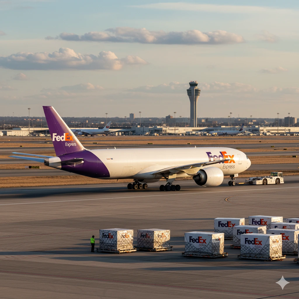 FedEx Express aircraft on the tarmac, being pushed back for departure with cargo containers in the foreground.