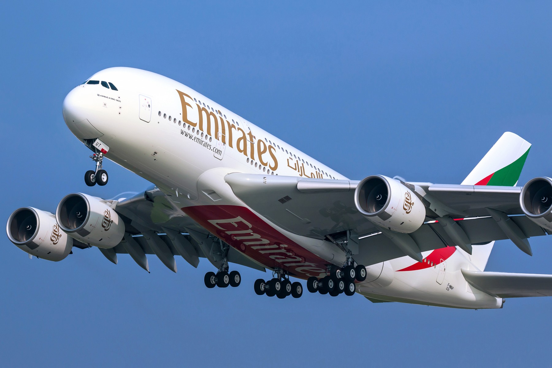 "Emirates Airline A380 taking off"