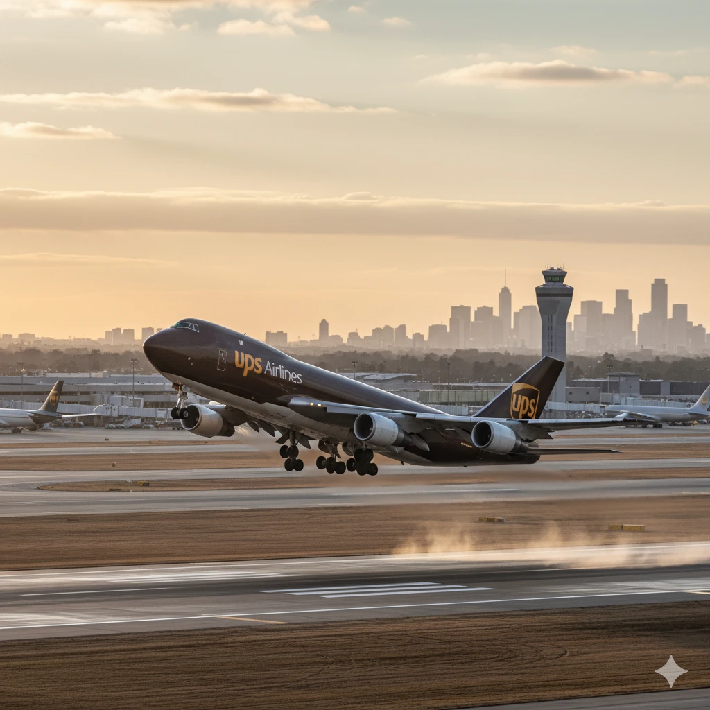 UPS Airlines cargo plane taking off from an airport runway at sunset, with a city skyline in the background.