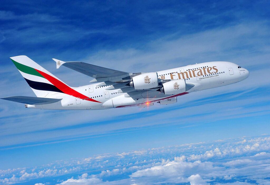 "Emirates airline A380 in air"