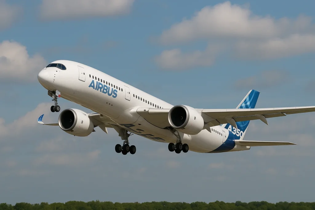 “Airbus A350 aircraft taking off with extended landing gear, highlighting advanced fuel efficiency and sustainable aviation practices.”