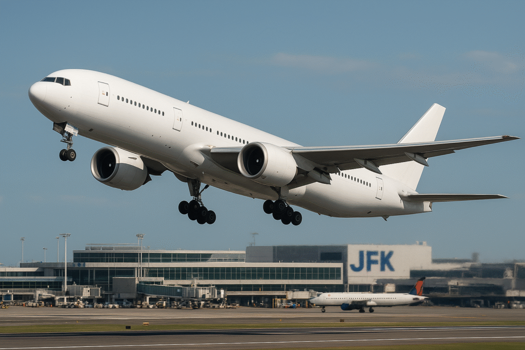 "Boeing 777 aircraft taking off from JFK Airport runway with terminal buildings and grounded planes in the background under clear blue skies."