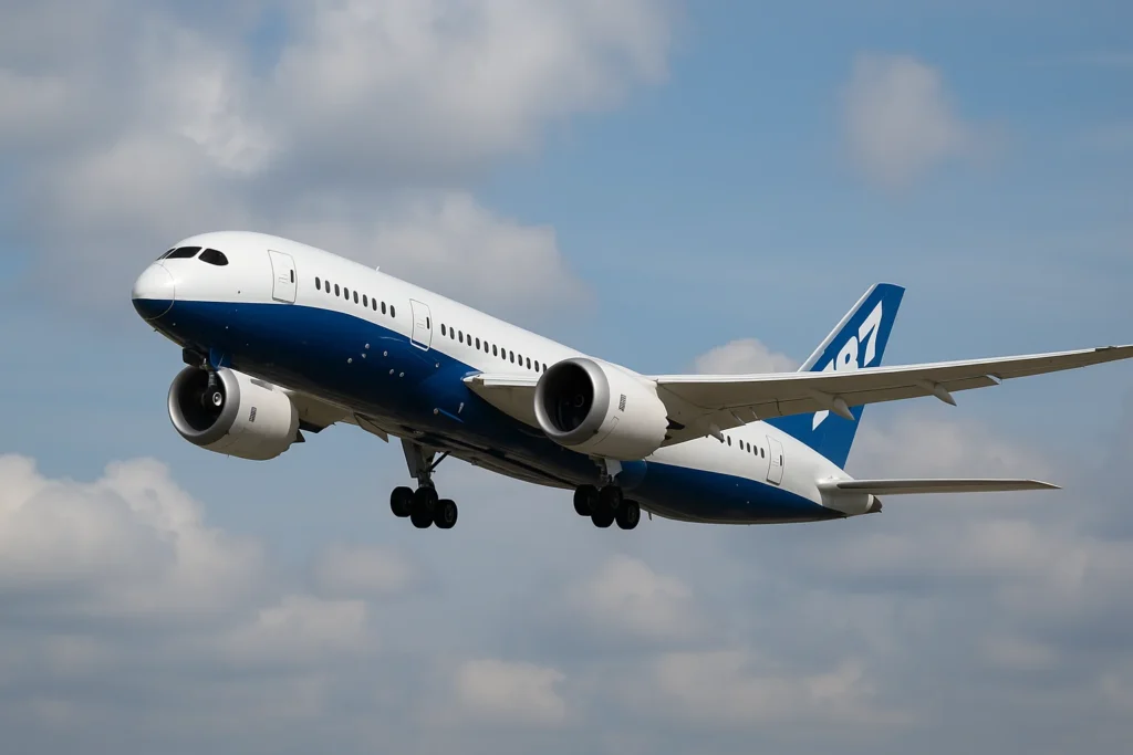 “Boeing 787 Dreamliner taking off into the sky, showcasing modern fuel-efficient aircraft technology in commercial aviation.”