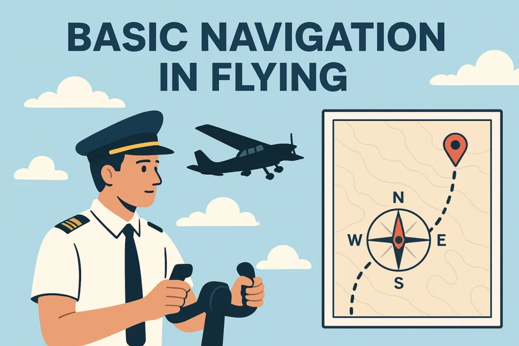 "Pilot learning basic navigation in flying with aircraft, compass map, and route illustration for aviation training blog."
