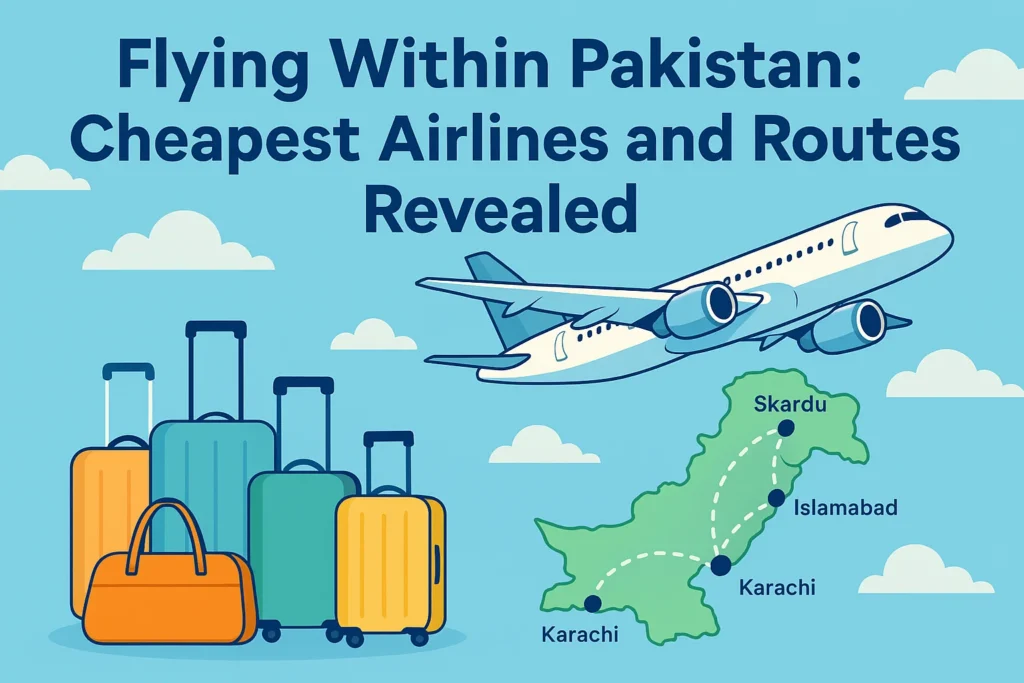 “Pakistani traveler at airport ready to board domestic flight, highlighting budget travel tips and affordable routes.”