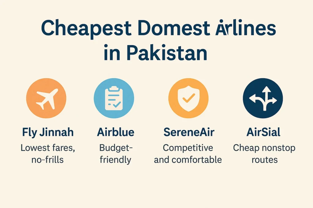 “Infographic of the cheapest domestic airlines in Pakistan including Fly Jinnah with lowest fares, Airblue as budget-friendly, SereneAir for comfort, and AirSial offering cheap nonstop routes.”