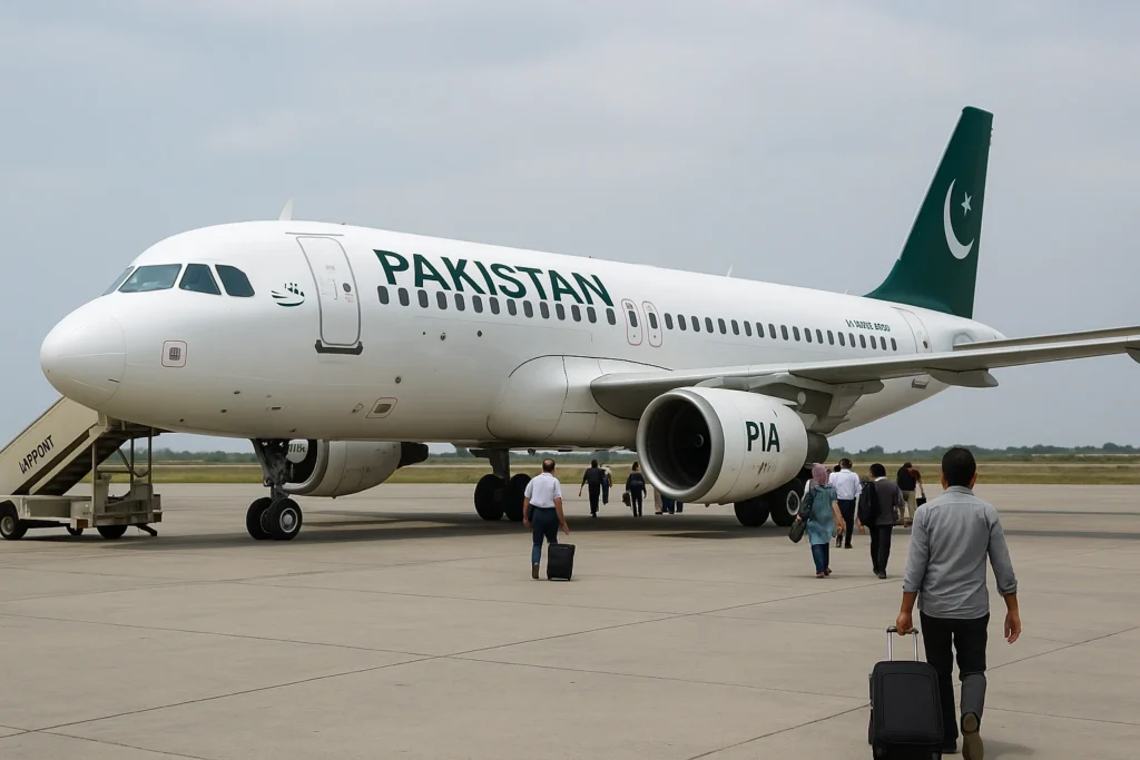 “Pakistan International Airlines (PIA) Airbus A320 on the tarmac with passengers boarding, showing affordable domestic flights in Pakistan.”