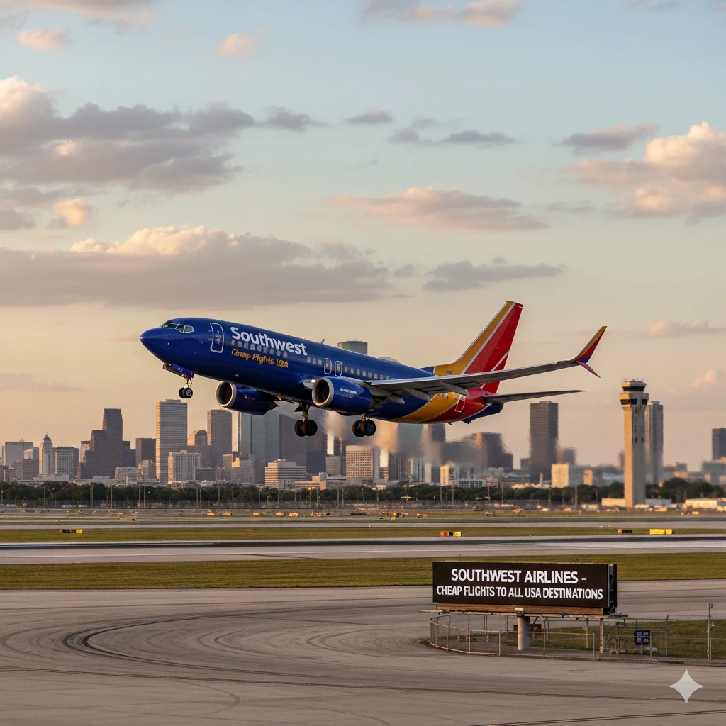 Southwest Airlines plane takes off from Houston; billboard promotes cheap flights USA.