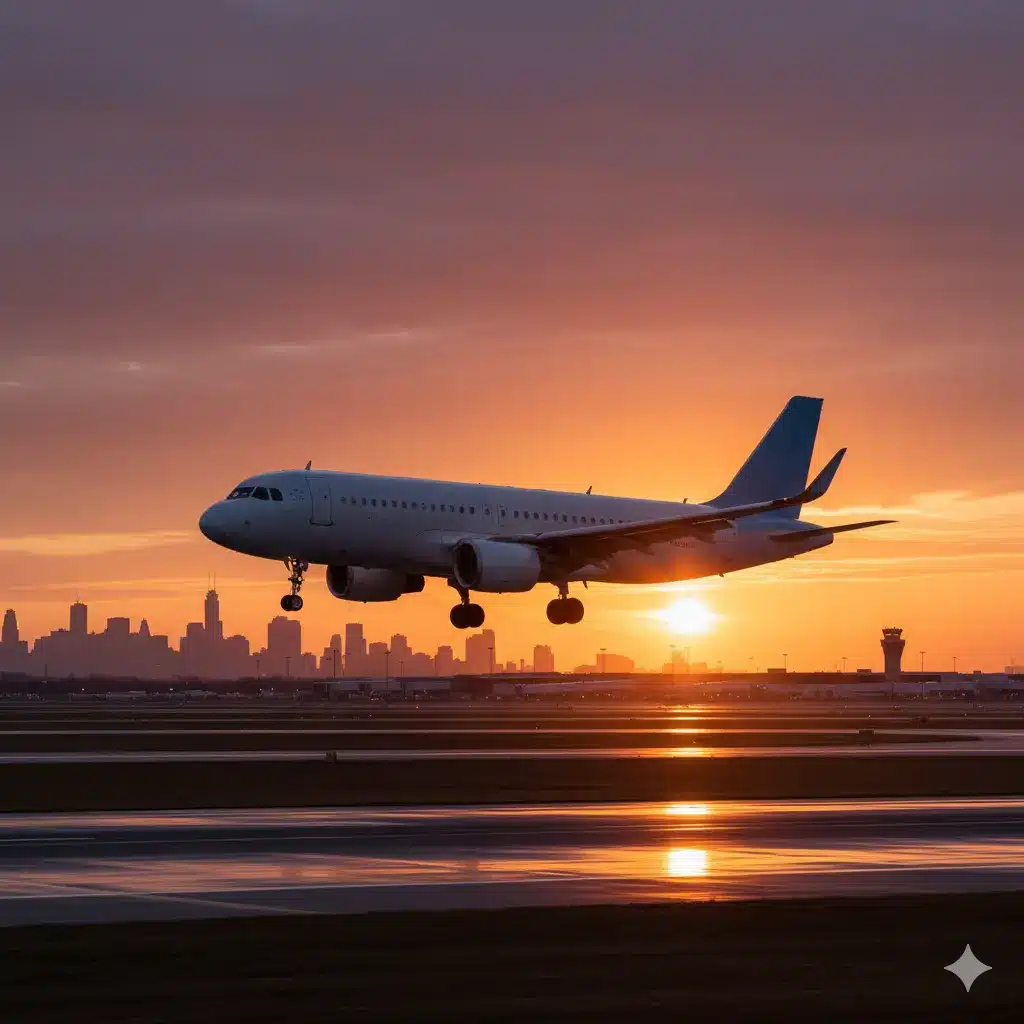 Airbus A320LR long-range passenger jet descending for landing at JFK airport with a vibrant sunset and cityscape in the background."