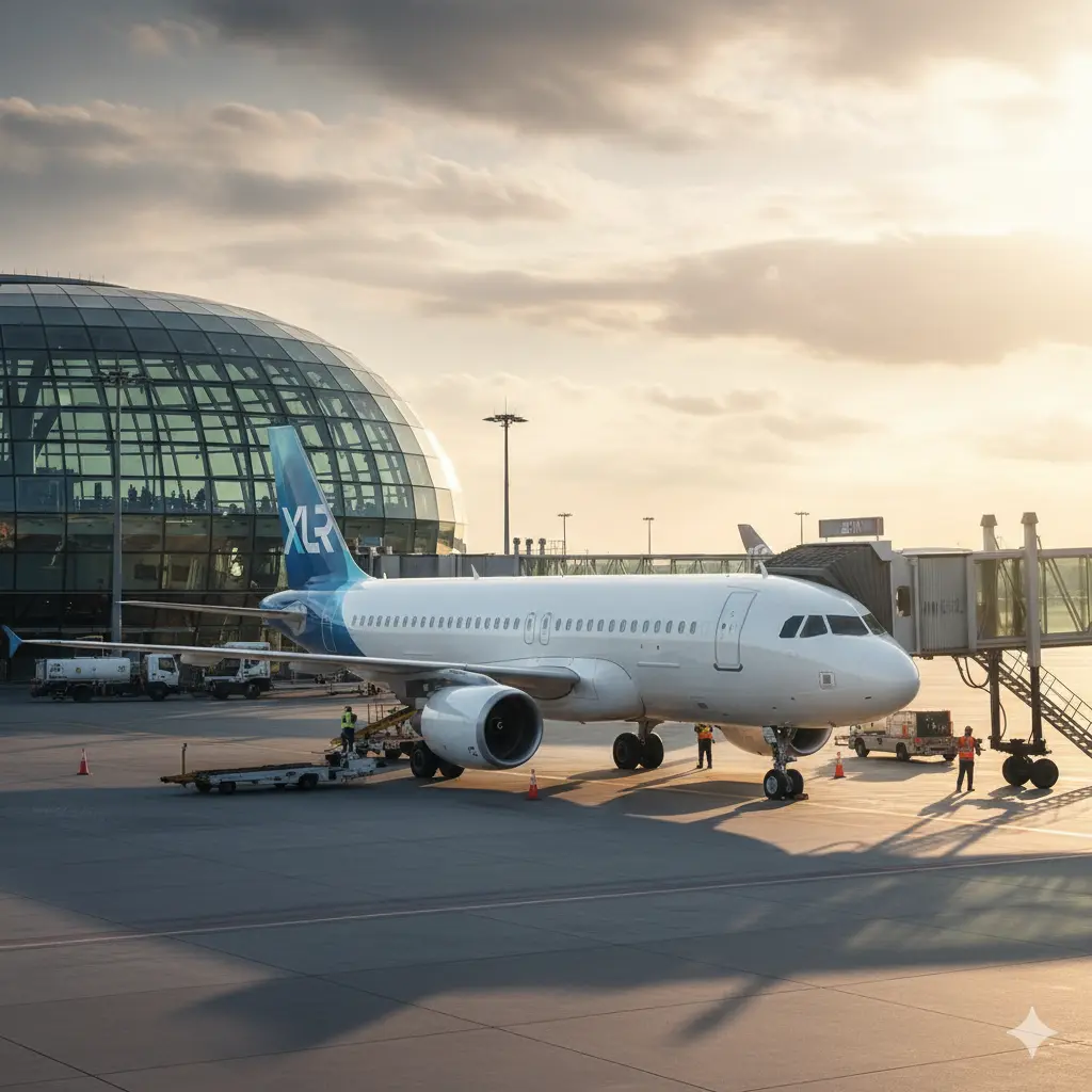 "Airbus A320XLR parked at a modern airport gate during golden hour."
