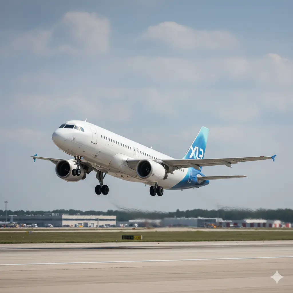 "Airbus A320XLR taking off from a runway with exhaust fumes visible."