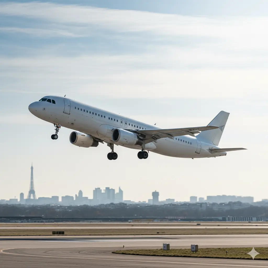 An Airbus A320-200 passenger jet taking off from a Parisian airport with the Eiffel Tower visible, illustrating a long-haul flight