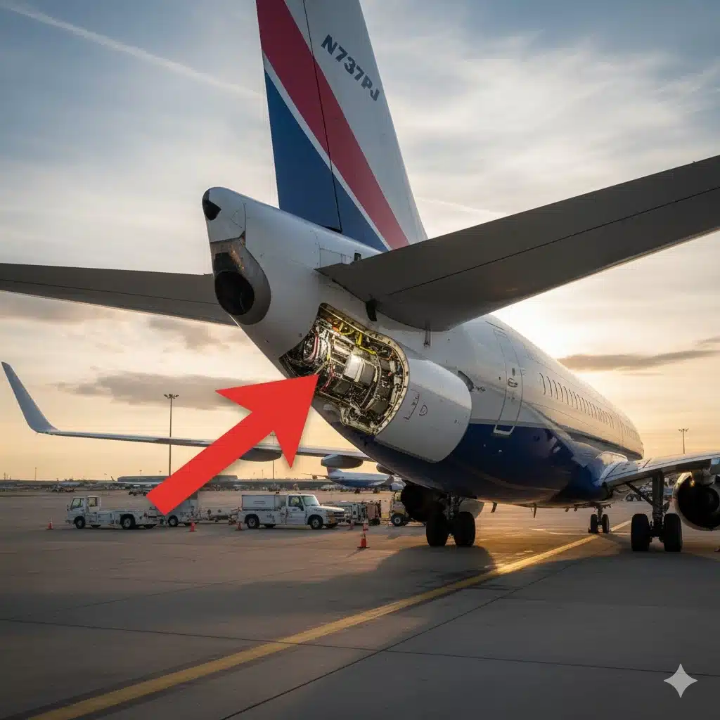 This image displays the rear fuselage of a Boeing 777 with its APU compartment open, clearly marked by an arrow. The APU unit is visible, providing a closer look at its installation.