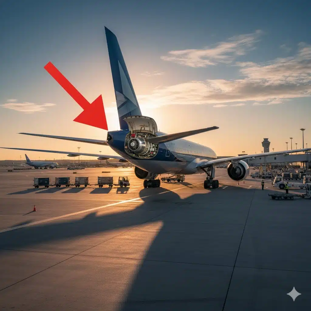 his image displays the rear fuselage of a Boeing 777 with its APU compartment open, clearly marked by an arrow. The APU unit is visible, providing a closer look at its installation.