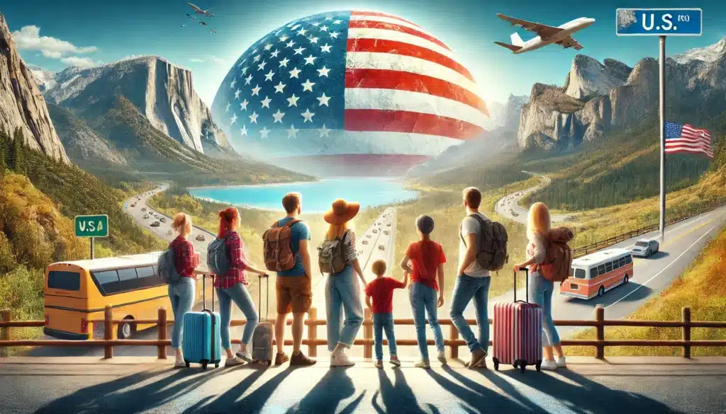 Diverse travelers enjoying a summer road trip view across the United States, symbolizing modern U.S. travel trends.