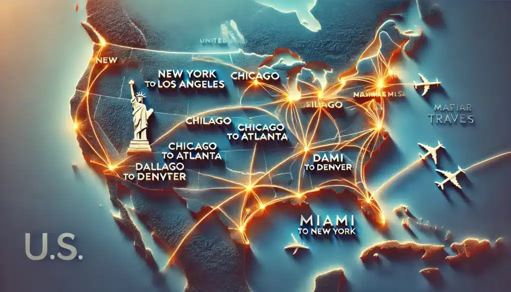 Map of popular U.S. air routes connecting New York, Los Angeles, Chicago, Atlanta, Dallas, Denver, and Miami.