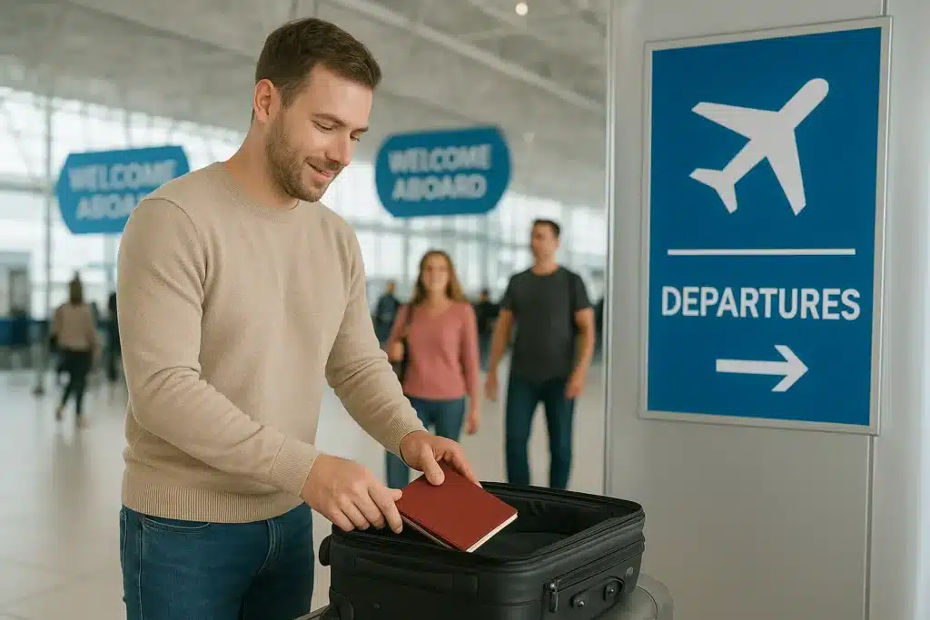 "Traveler at airport departure area packing a suitcase neatly while smiling, illustrating smart pre-flight preparation and good travel etiquette."