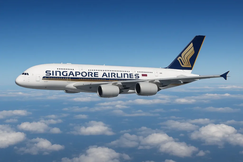 Singapore Airlines Airbus A350 in flight against a blue sky, showcasing the airline’s logo and design — representing one of the world’s best airlines.
