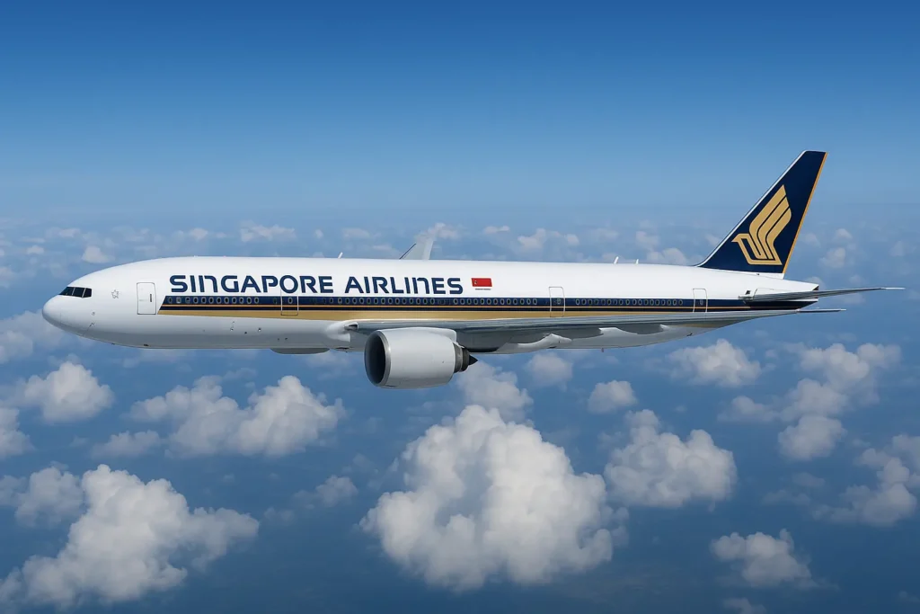 A Singapore Airlines Boeing 777-300ER aircraft cruising high above the clouds under a clear blue sky. The plane features the airline’s signature gold, navy, and white livery with the iconic bird logo on the tail fin, viewed from the left side mid-flight.