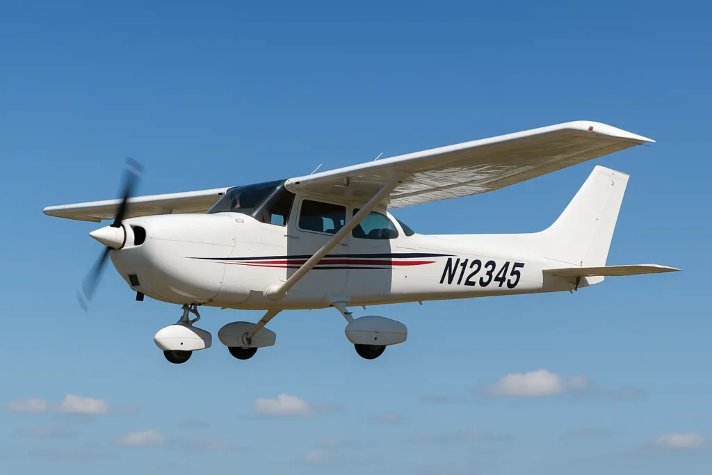 A small aircraft, specifically a white Cessna 172 Skyhawk, flying through clear blue skies with light clouds in the distance, showcasing its wings, propeller, and tail markings