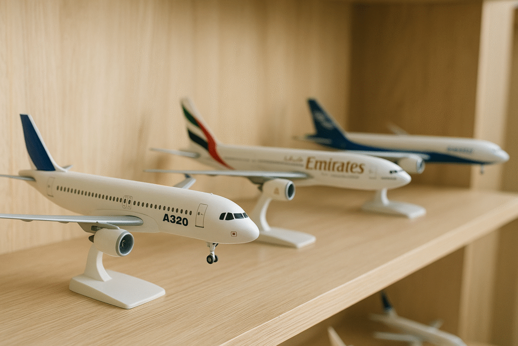 A display shelf showing multiple miniature plane models, including an A320 and Emirates aircraft, arranged neatly with soft natural lighting.
