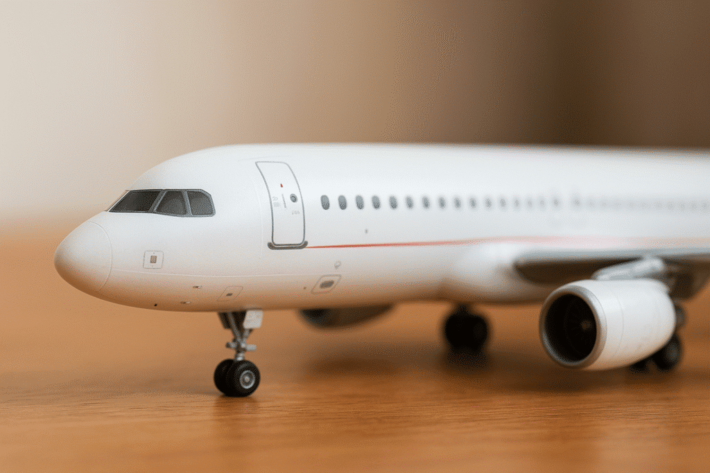 A close-up view of a detailed miniature plane model showing fine craftsmanship, including the nose, cockpit windows, landing gear, and engine