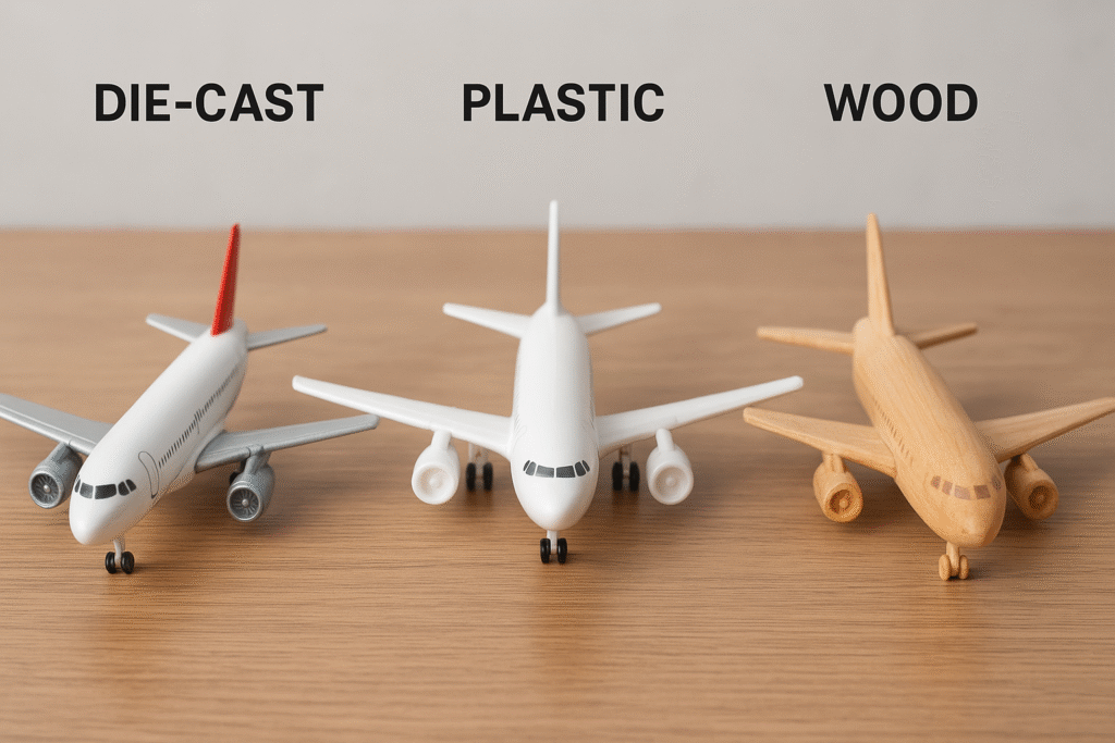 A comparison image showing three miniature plane models made from die-cast metal, plastic, and wood, placed side by side on a wooden surface