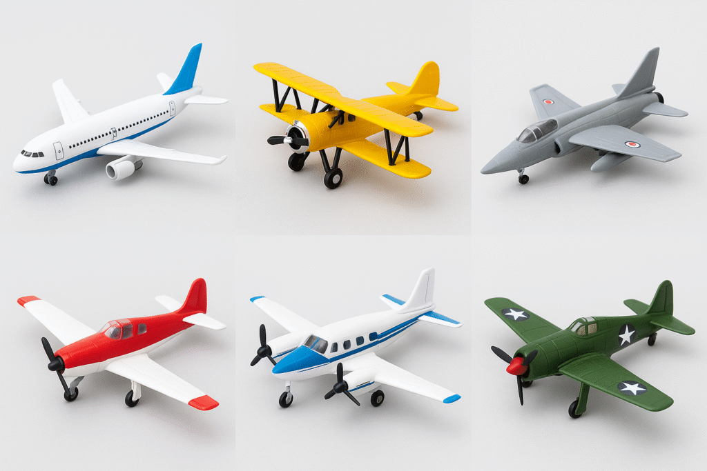 Grid of miniatr plane models displayed on a neutral background.”