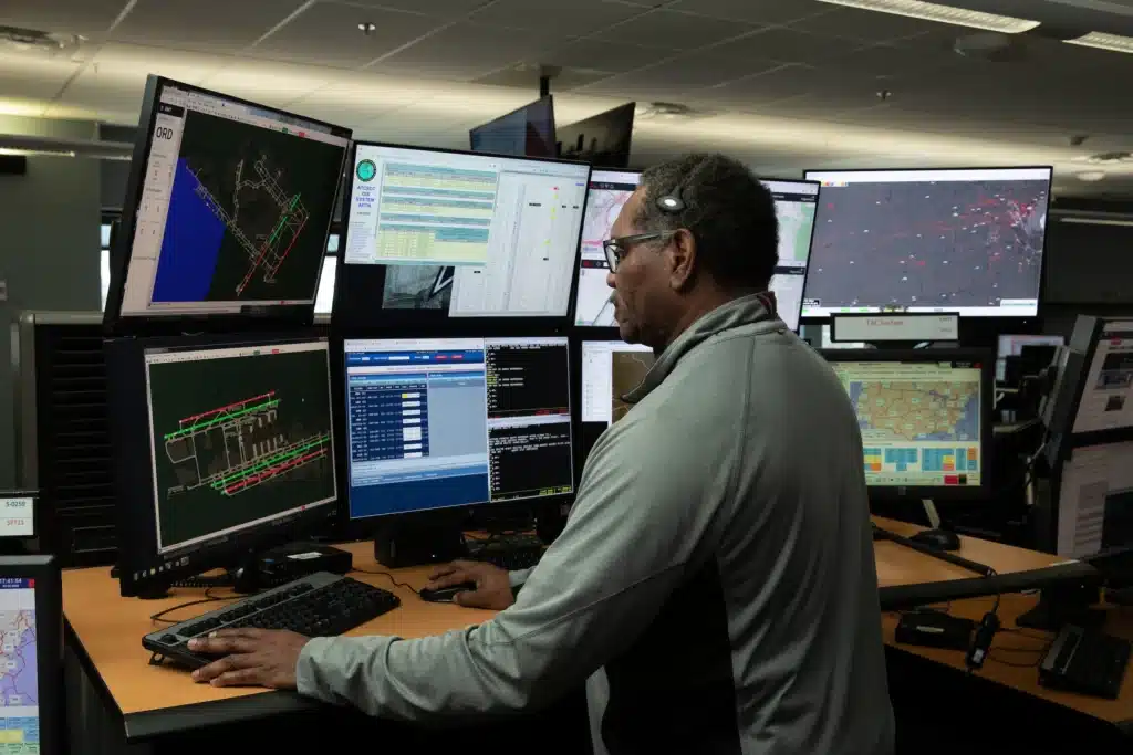 "African American man working at a multi-monitor computer workstation in a control room, monitoring data and maps."