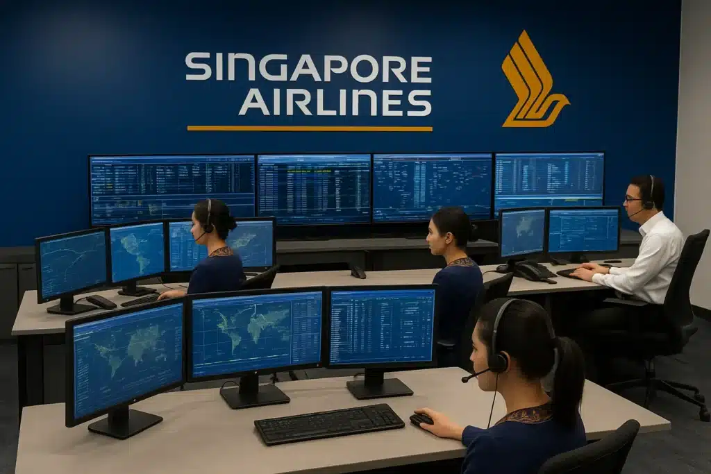 A modern Singapore Airlines operations control room with four employees monitoring multiple computer screens displaying live global flight data. The staff, wearing headsets and Singapore Airlines uniforms, sit at sleek desks in a brightly lit room with a blue wall featuring the Singapore Airlines logo and branding.