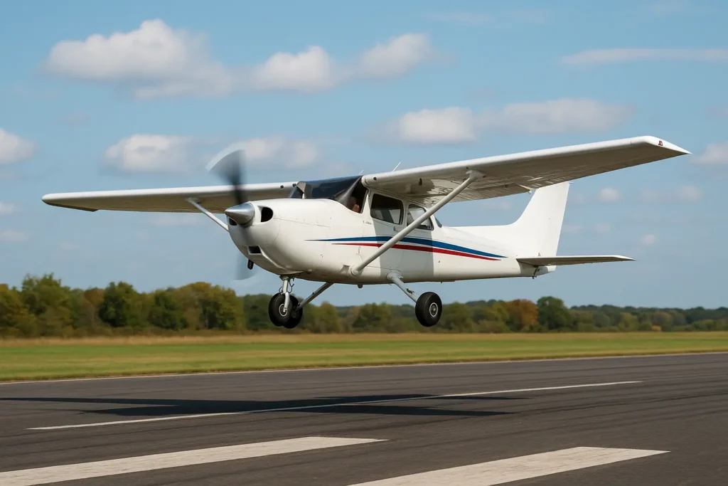 A small aircraft, specifically a Cessna 172 Skyhawk, taking off from a runway under a clear blue sky. The single-engine light plane with red and blue stripes represents reliable general aviation in the USA, highlighting performance, safety, and flight training capabilities.
