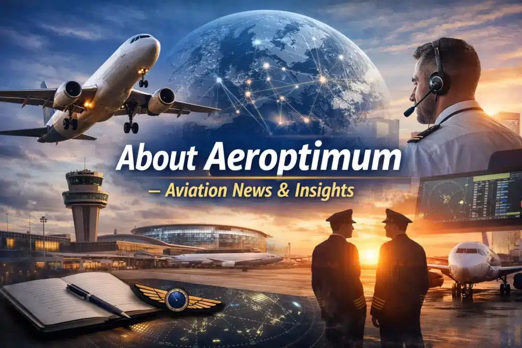 About Aeroptimum – Aviation news & insights banner showing aircraft, pilots, and global aviation network