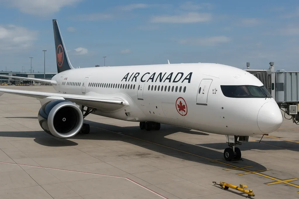 Air Canada aircraft parked at the airport gate with clear view of fuselage, engines, and terminal in the background
