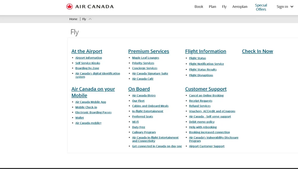 Air Canada website fly menu showing airport information, premium services, flight status details, check-in options, onboard services and customer support links
