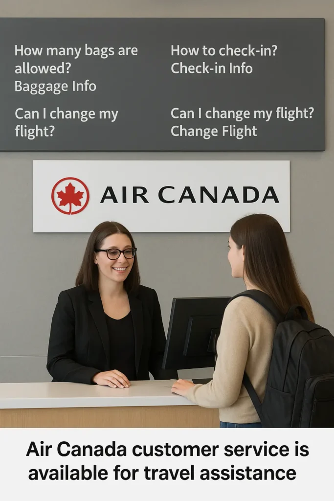 Air Canada customer service desk with an agent assisting a traveler, showing support for baggage info, check-in help, and flight change inquiries