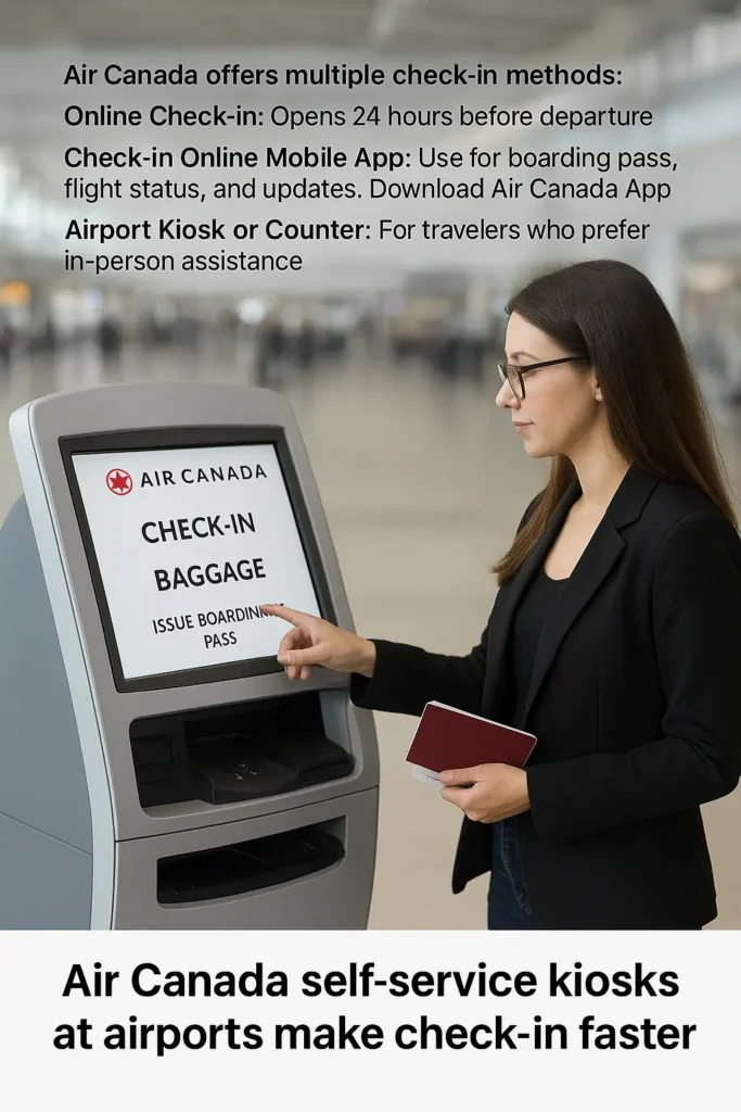 Air Canada passenger using a self-service check-in kiosk at the airport to print boarding pass, demonstrating fast and easy Air Canada check-in options.”