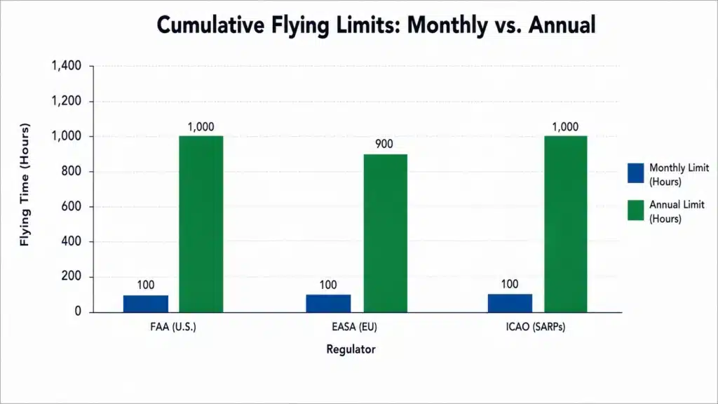 Bar chart comparing cumulative flight duty and flying hour limits under FAA, EASA, and ICAO aviation regulations, showing monthly flight limits of 100 hours and annual limits ranging from 900 to 1,000 hours for pilot fatigue management and aviation safety compliance.