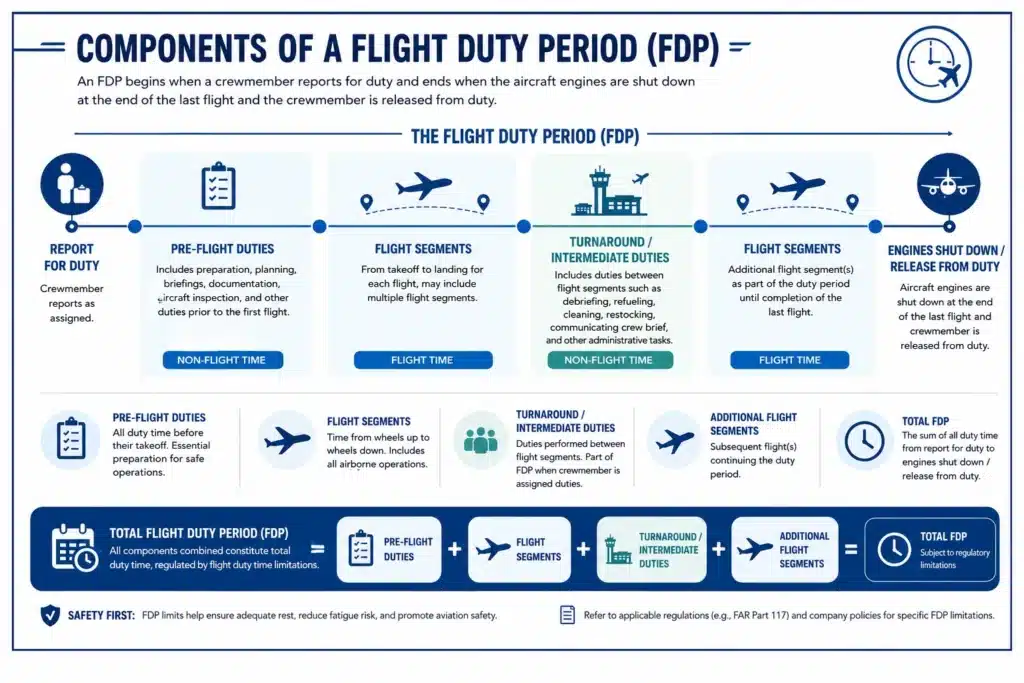 Flight duty time limitations infographic showing maximum flight duty period hours by report time and flight sectors for aviation crew scheduling and fatigue management