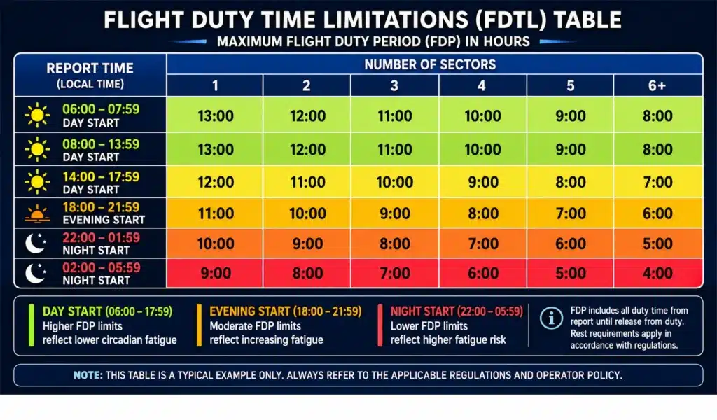Flight duty time limitations table illustrating pilot FDP limits for day, evening, and night operations with sector-based duty hour calculations for airline safety compliance