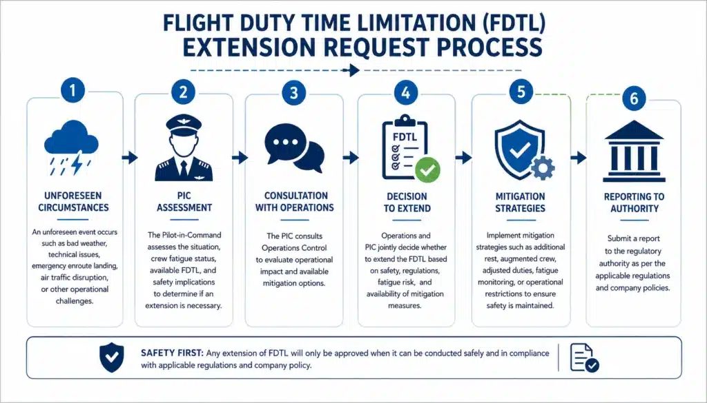 Infographic showing the Flight Duty Time Limitation (FDTL) extension request process in aviation operations, including unforeseen circumstances, pilot-in-command assessment, operations consultation, decision to extend duty, fatigue mitigation strategies, and reporting to aviation authorities for flight safety compliance.
